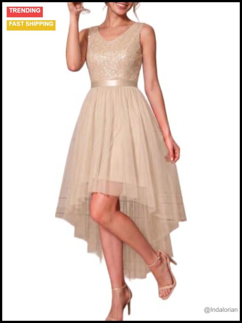 Sequin High Low Cocktail Prom Dress V Neck Sleeveless A Line